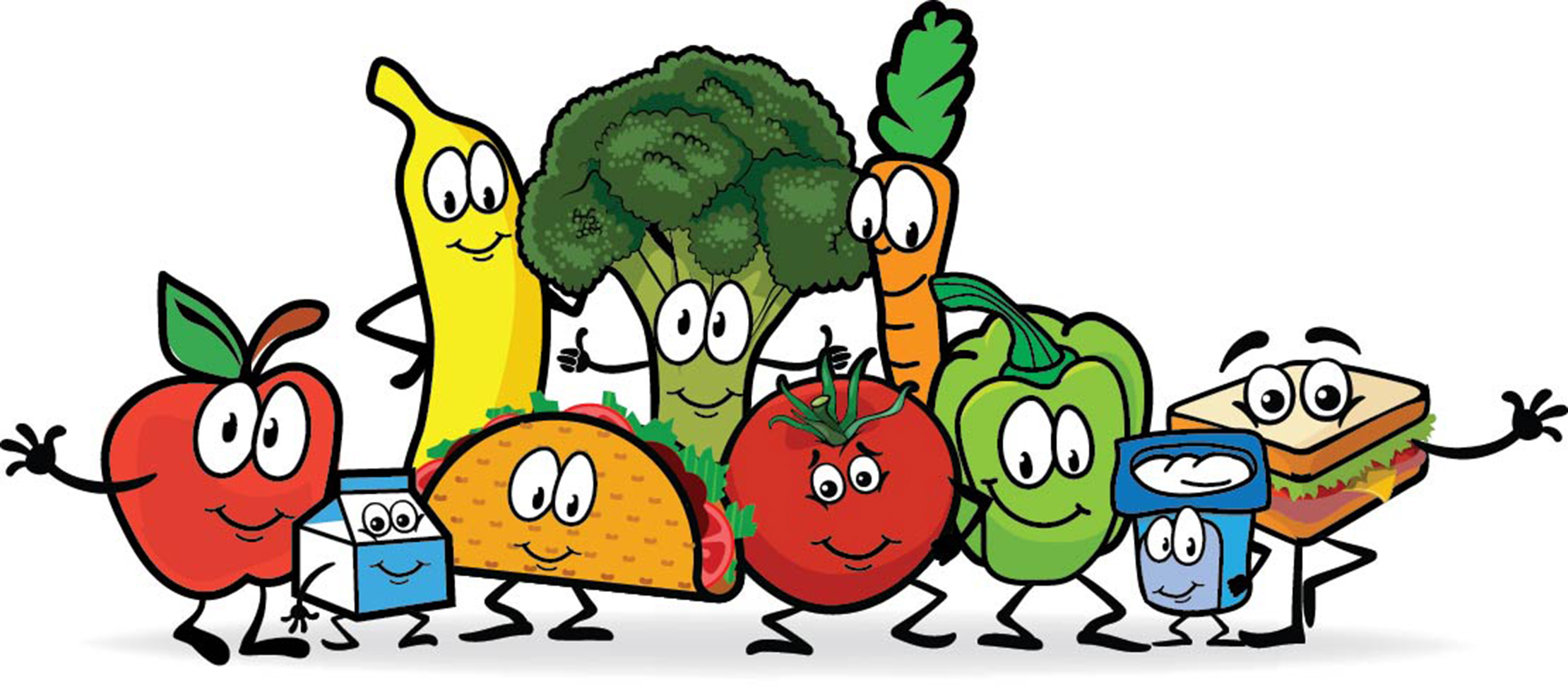 Colorful fruits and vegetables with smiling faces and cartoon eyes